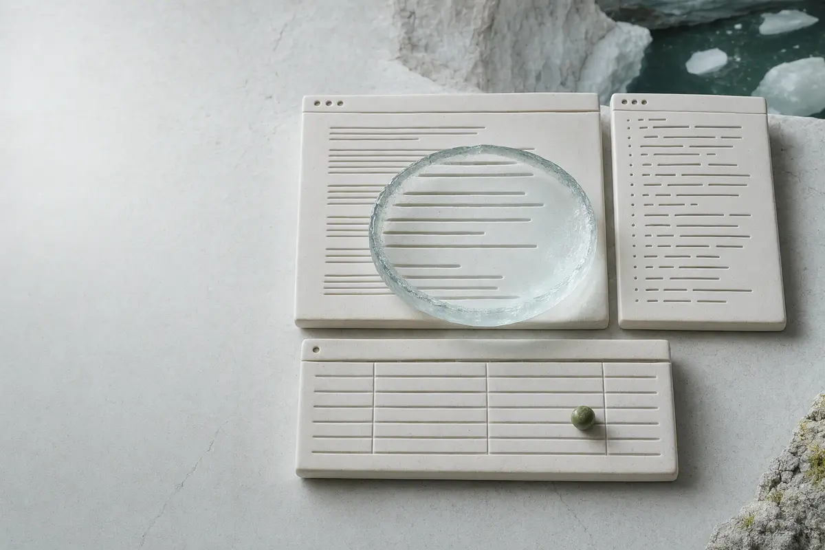 Porcelain panels with grooves for prose, code, and tables beneath a clear ice reading lens